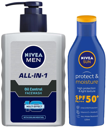 Nivea Men Face Wash, Oil Control, 10X Vitamin C, 150Ml & Sun, Moisturising Lotion For All Skin Types, Spf 50, 125Ml, Pack Of 1